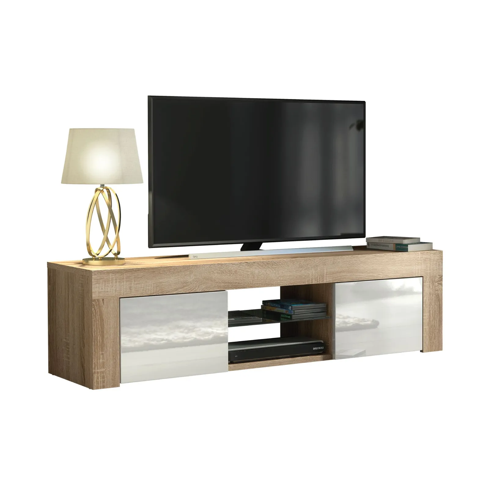 Creative Furniture TV Unit 130cm Modern - Oak with High Gloss White Doors in Light Oak 5
