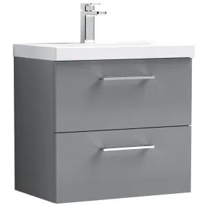 Nuie Arno Gloss Grey Wall Hung 2 Drawer Vanity Unit & Basin - 579 x 610mm