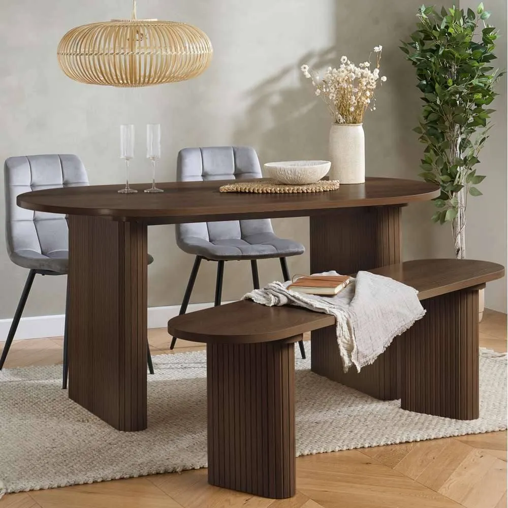 Birlea Axel Oval Fluted Dining Table With 2 Chairs & Bench in Brown