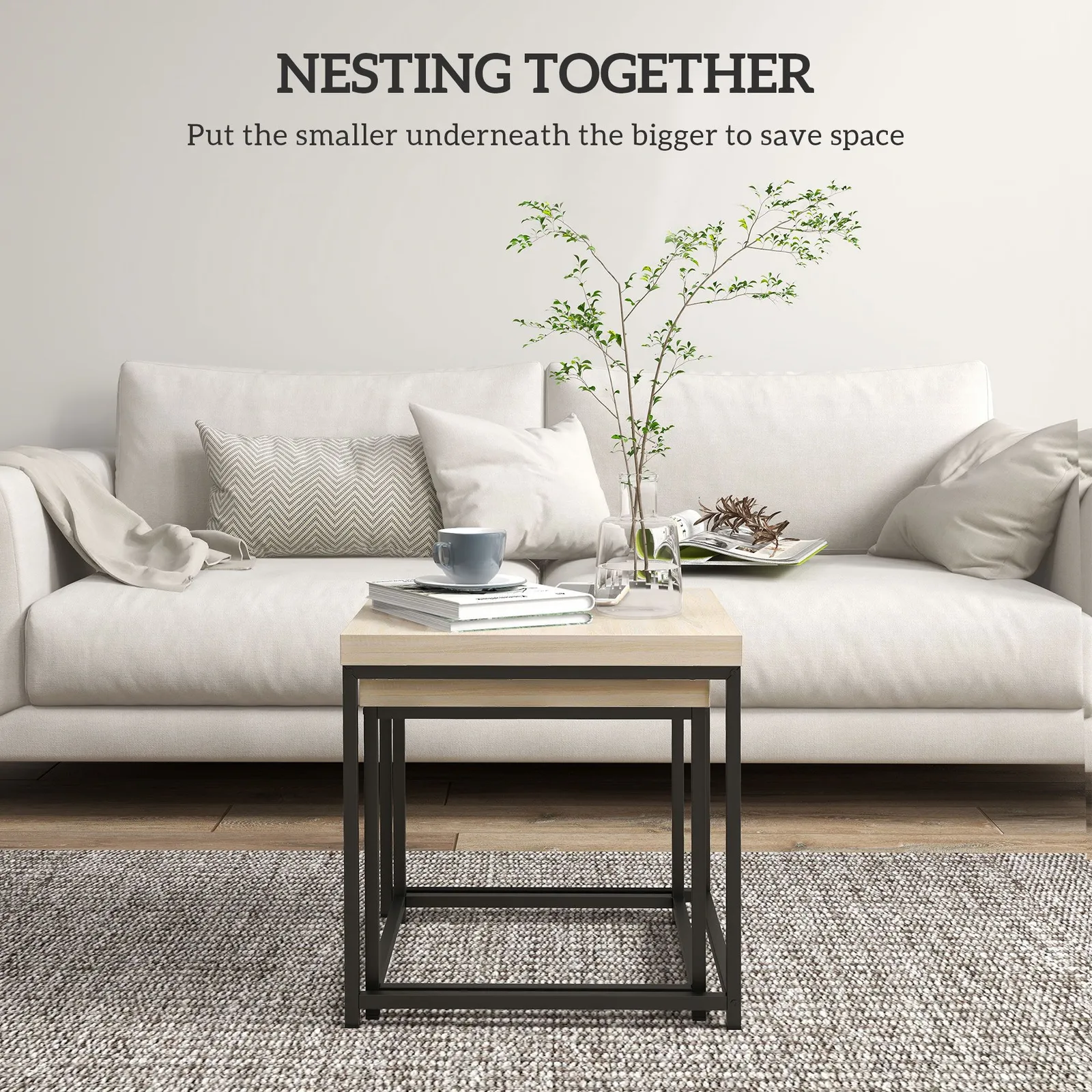 HOMCOM Coffee Table Set of 2, Nest of Tables with 3.5cm Thick Tabletop, Oak in Light Oak 4
