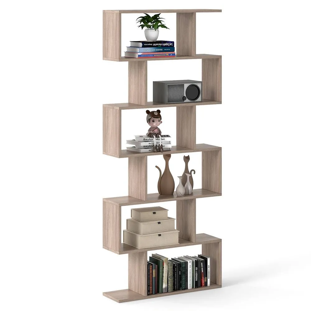 Costway 6-tier Bookcase S-Shaped Bookshelf Wooden Storage Display Rack in Light Oak