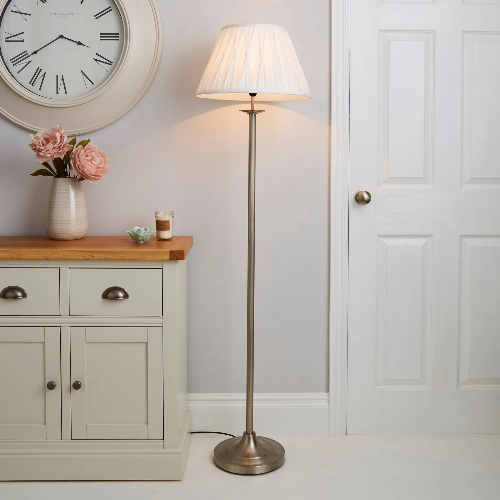 Reeded Satin Nickel Floor Lamp Ivory