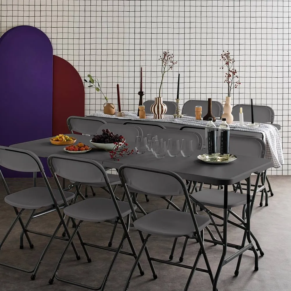 sweeek Pair of folding plastic reception tables with 12 chairs in Dark Grey