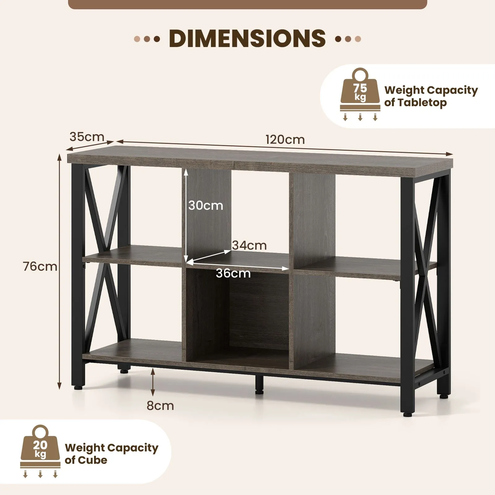 Costway 6-Cube Storage Organizer 120CM Wide Bookshelf w/Open Compartments in Grey 2