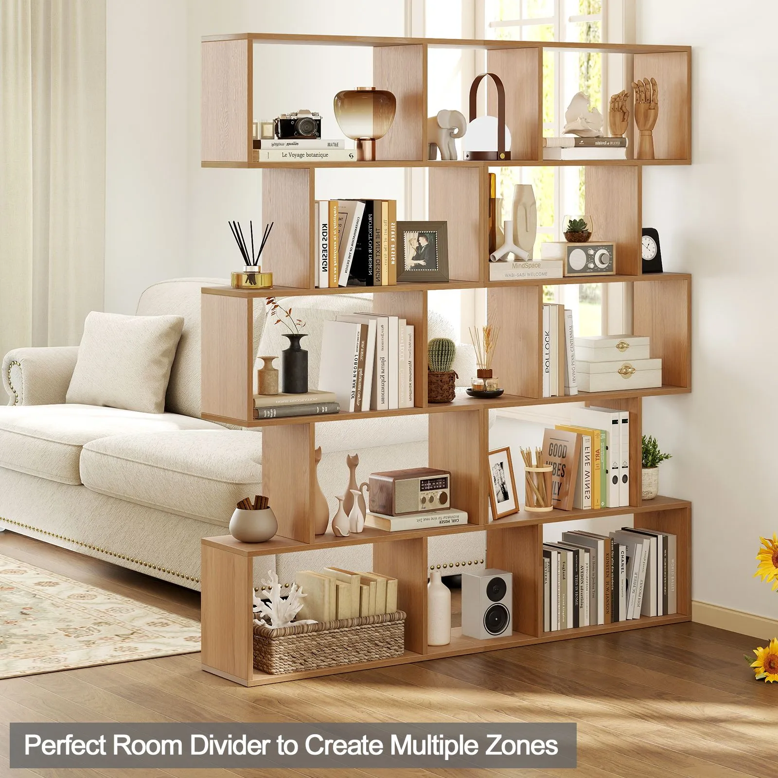 Costway 5-Tier Bookshelf Geometric S-Shaped Bookcase in Natural 5