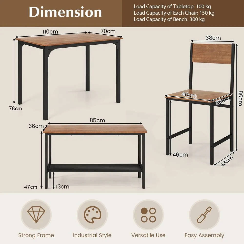 Costway 4-Piece Dining Table Set Space-Saving Kitchen Table & Bench in Brown 2