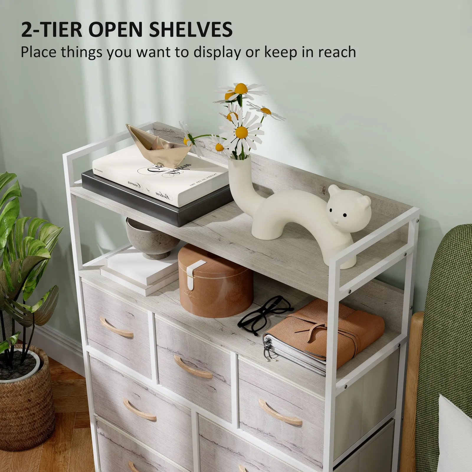 HOMCOM Bedroom Chest of Drawers 7 Drawer Dresser w/ Shelves in Natural 5