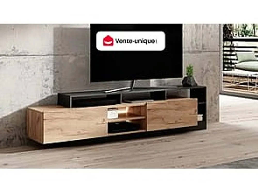 Vente-unique 2 - Door TV Unit With 6 Shelves & Leds - Light Naturalcolour and in Grey 4