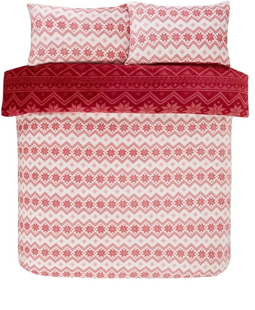 Smart Living Fairisle Flannel Fleece Reversible Duvet Cover with Pillowcases in Red 2