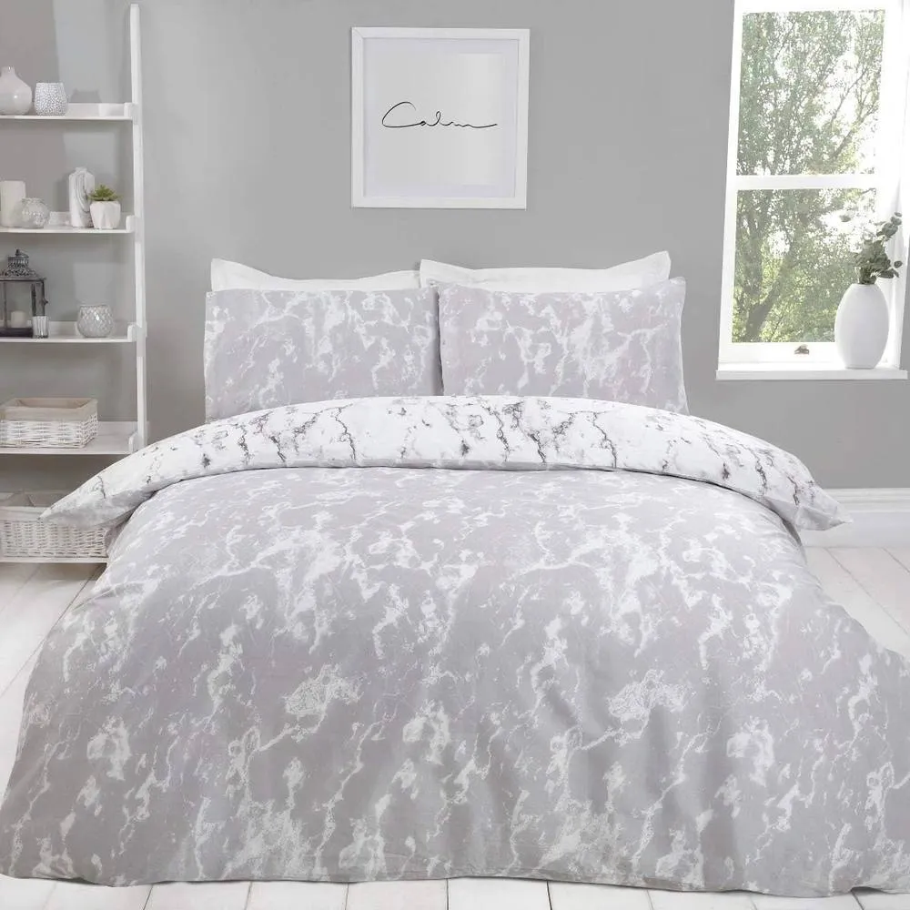 Smart Living Luxury Marble Monochrome Reversible Duvet Cover With Pillowcases in Grey 2