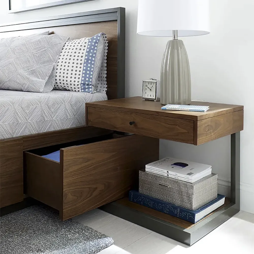 Rustic Walnut Bedroom Bedside Table with Drawer with Shelf Bedside Table Wood & Black Metal