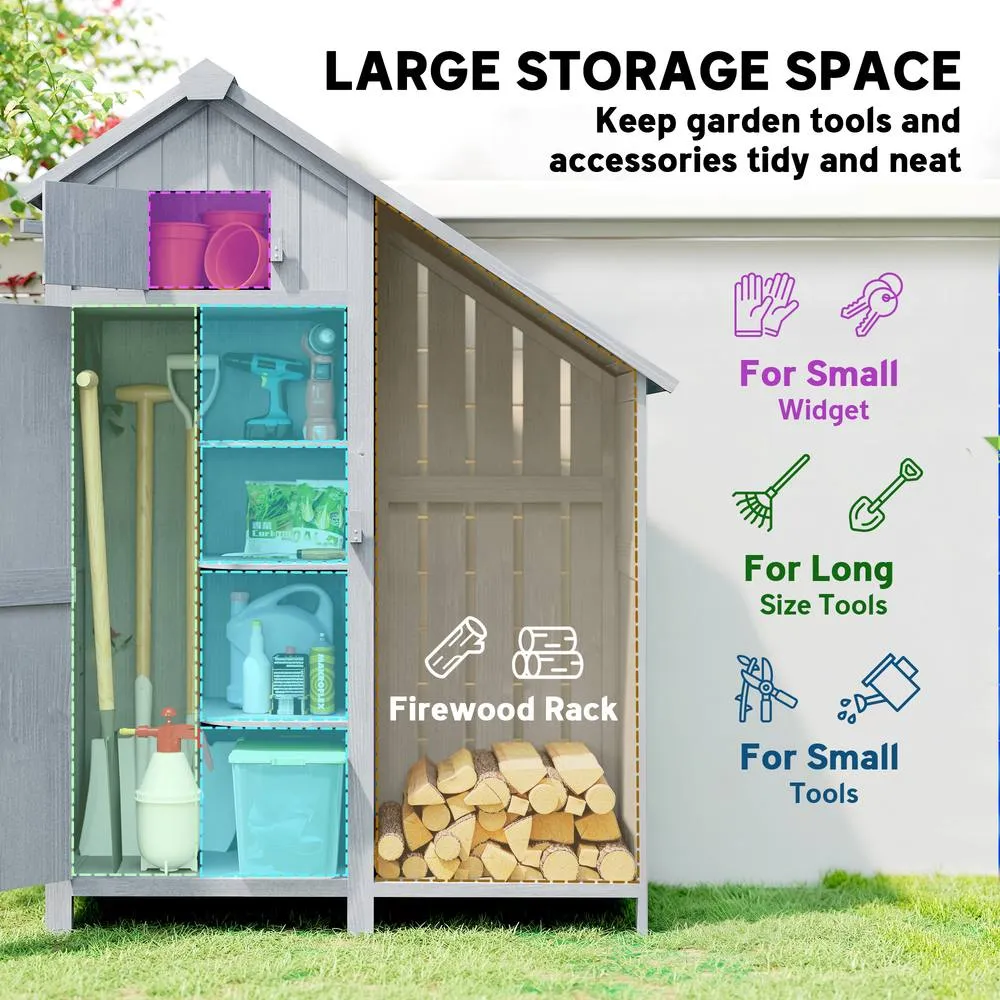 OUTSUNNY Fir Garden Storage Shed With Shelves Log Rack, For Garden Tools in Grey 4