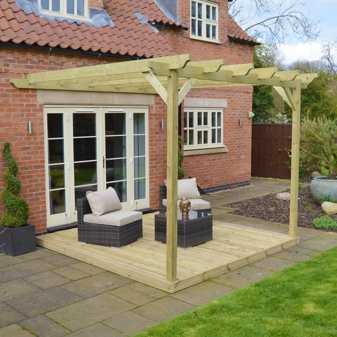 Rutland County Garden Furniture Ltd Wall Mounted Garden Pergola & Decking Kit, L480 x W480 cm, Brown in Green 4