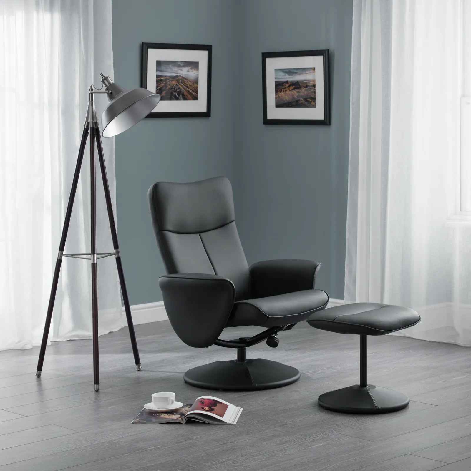 Lugano Faux Leather Black Recliner and Stool Black