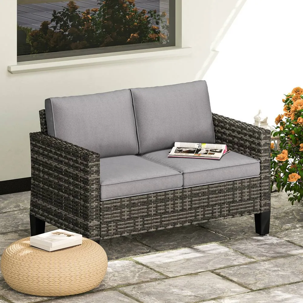 OUTSUNNY Rattan Sofa with Cushions, 2 Seater Garden Furniture, Dark Grey