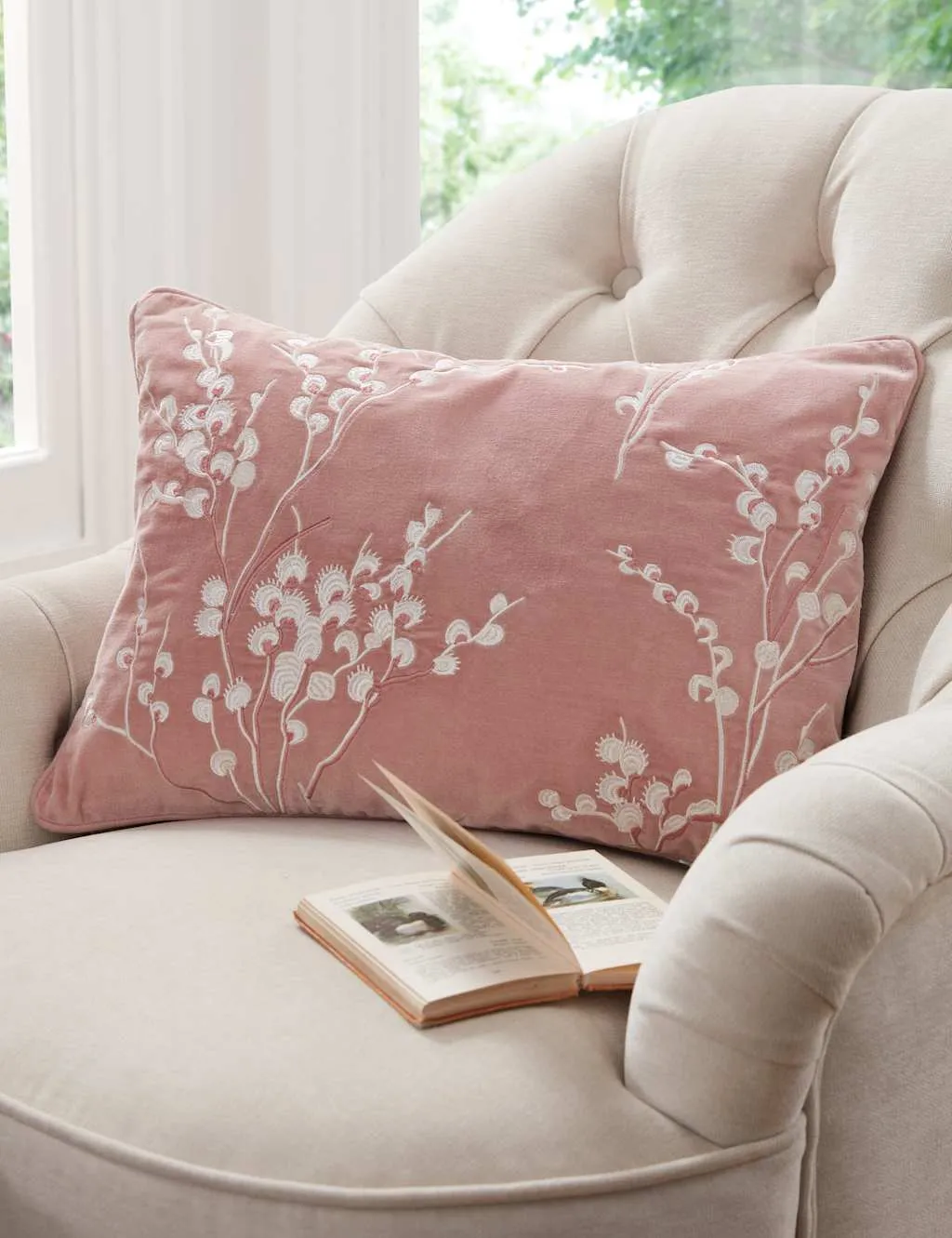 Laura Ashley Pussy Willow Embroidered Cushion Light Pink Mix