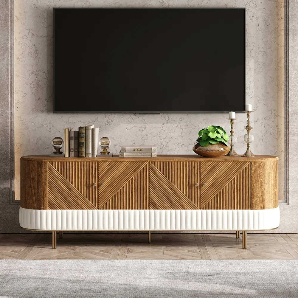 Wovent Mid-Century Modern Walnut Wood Tall TV Stand with Storage for 2000mm TV