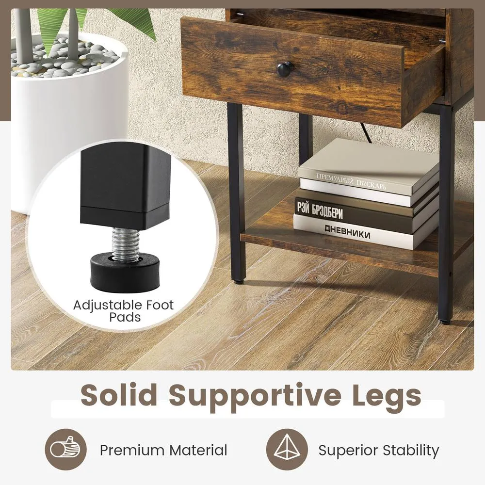 Costway Nightstand w/Charging Station Industrial Bedside Table w/USB Ports in Brown 4