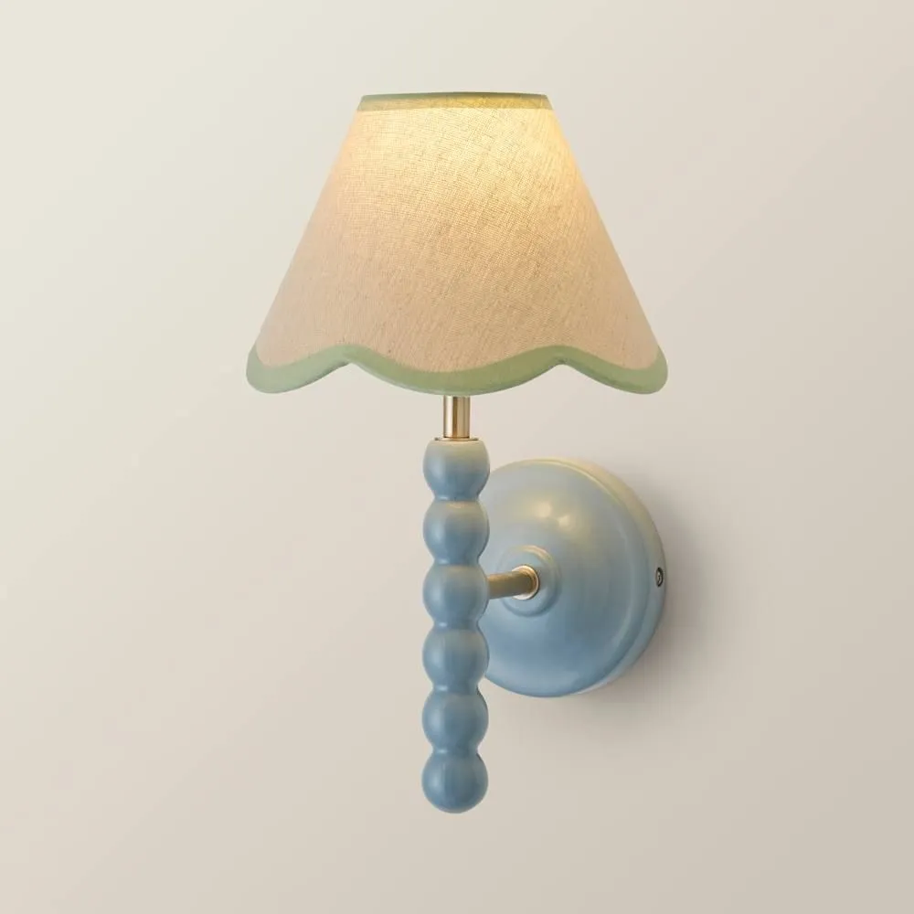 ValueLights Bobbins Powder Blue Bobble Wall Light & Linen Pastel Trim Lamp Shade in Pale Green 3