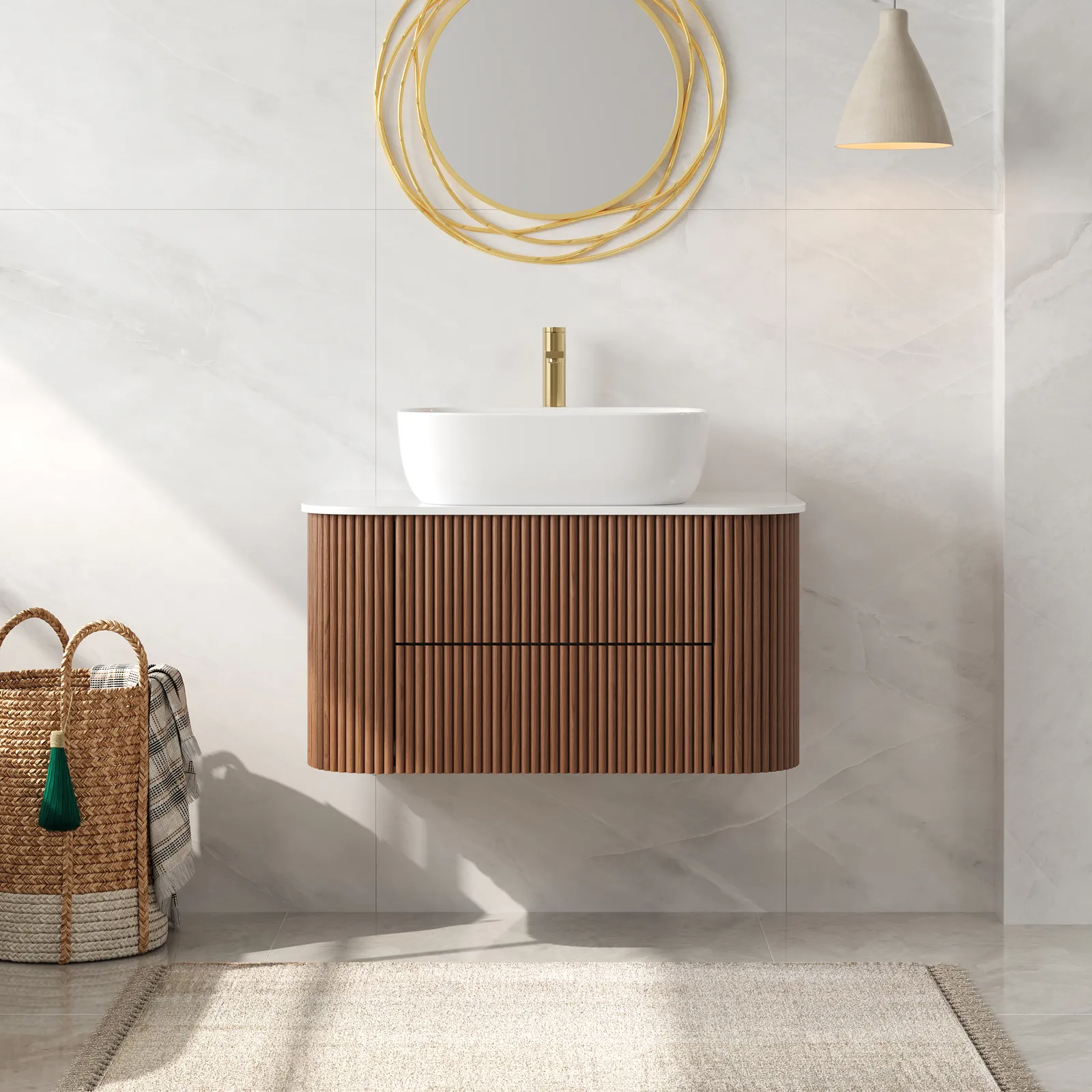 800mm Floating Fluted Wall mounted Bathroom Vanity Set Sintered Stone Top with Vessel Single Basin & 2 Drawers