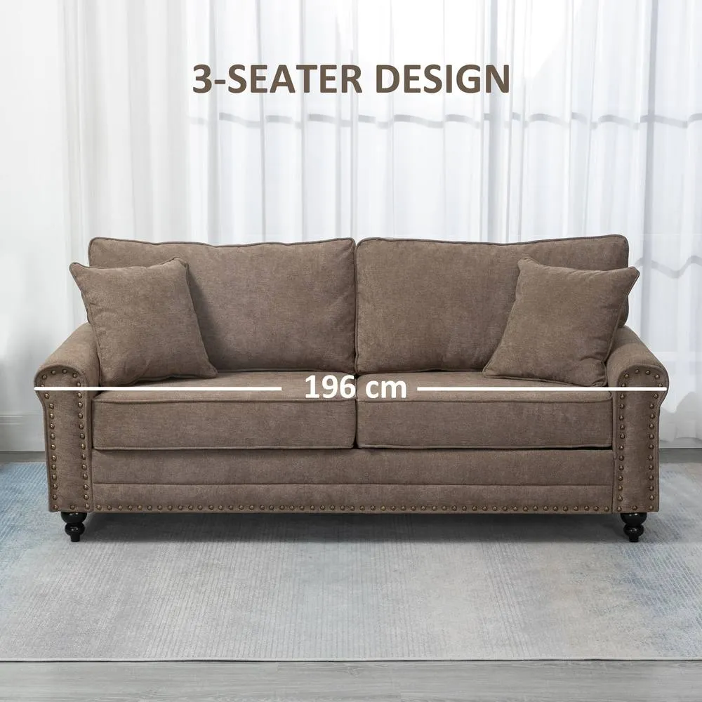HOMCOM Fabric Sofa 3 Seater Sofa for Living Room w/ Throw Pillow Brown 6