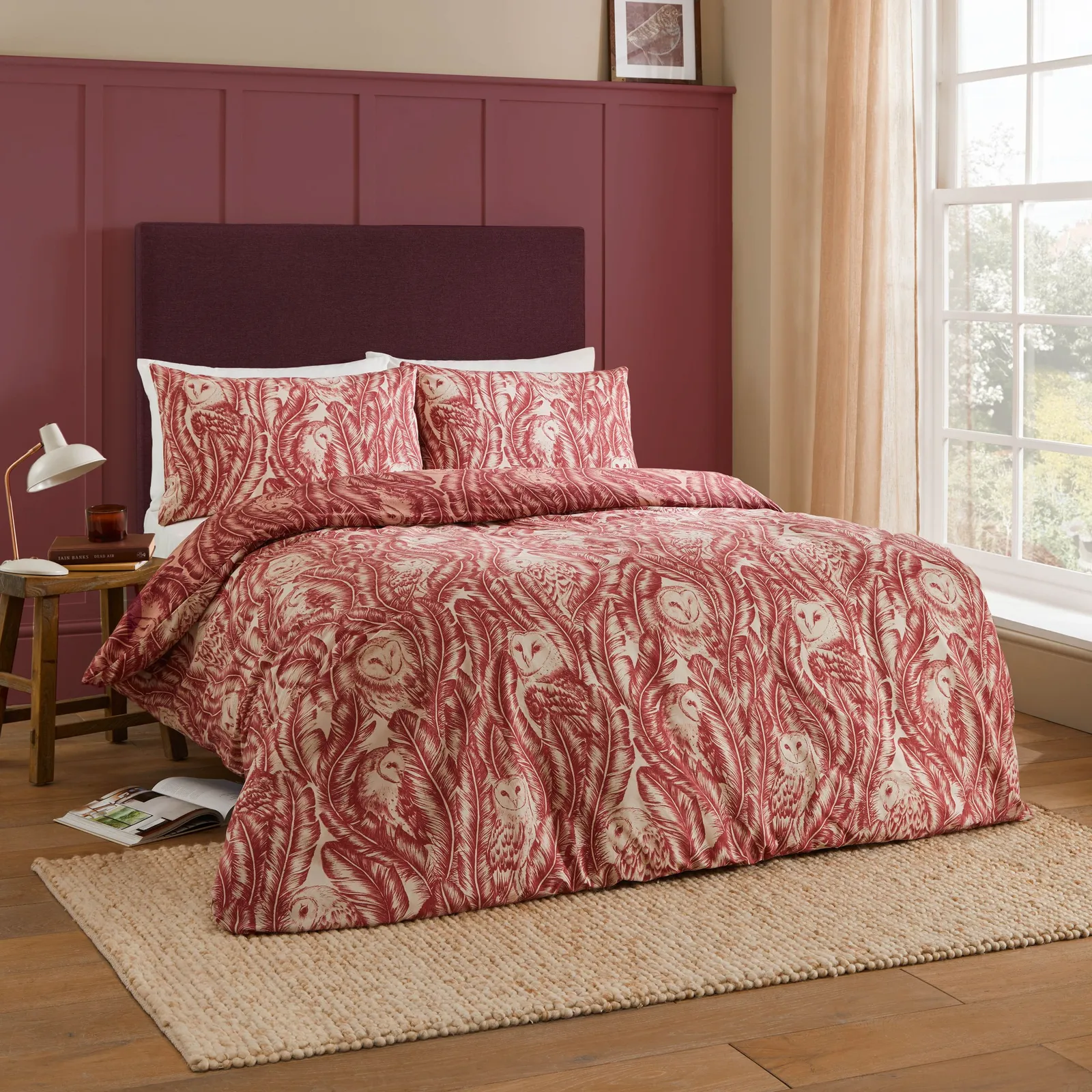 Wylder Albus Barn Owl Floral Duvet Cover Set in Red 4