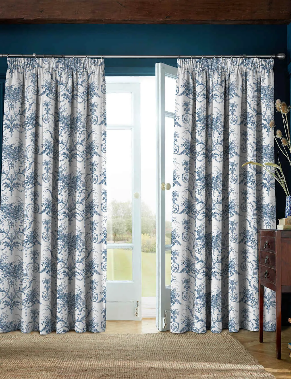 Laura Ashley Tuileries Pure Cotton Pencil Pleat Blackout Curtains Blue Mix
