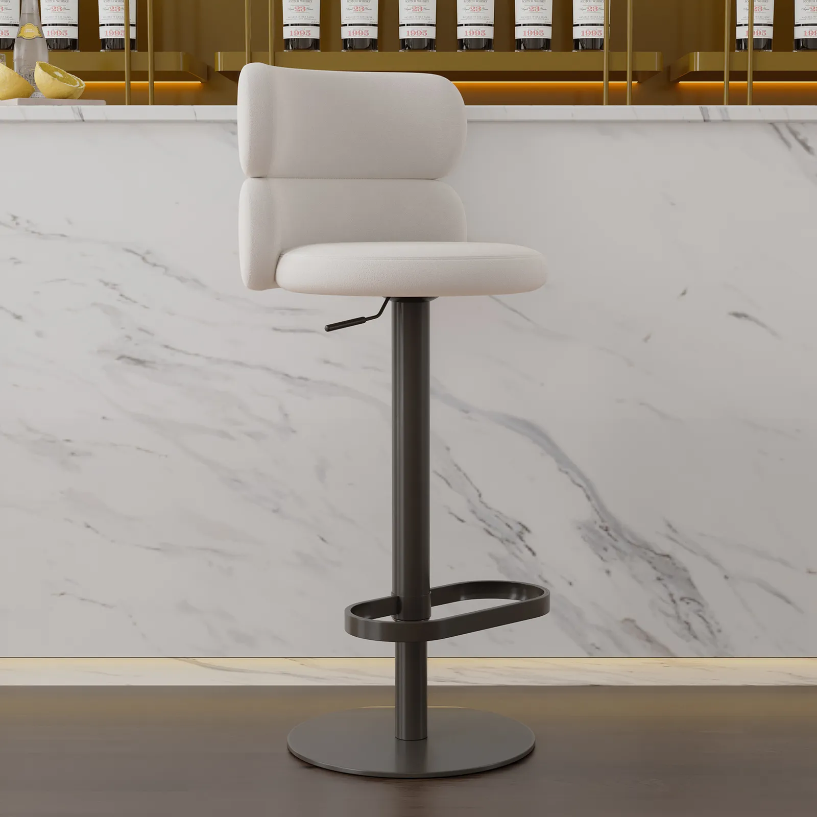 Bar Stool Velvet Upholstery Swivel Warm White with Backrest Adjustable Height in Black Finish Counter Stool