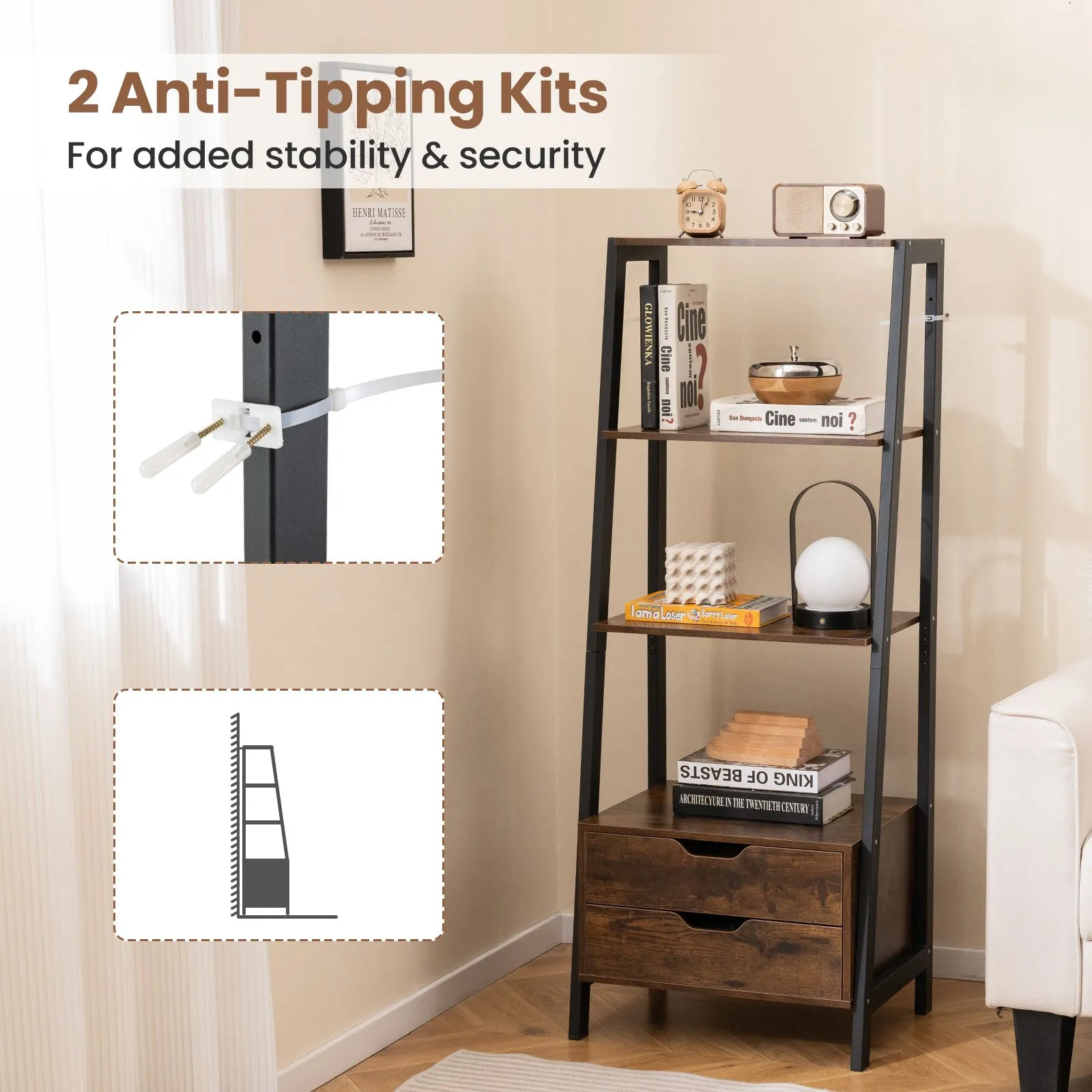 Costway Ladder Bookshelf Tall Freestanding Display Rack with Storage-White in Brown 5