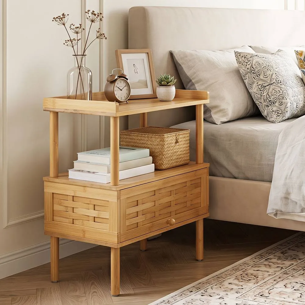 Costway Bamboo Rattan Bedside Table with Flip Up Door & Open Shelf Natural 4