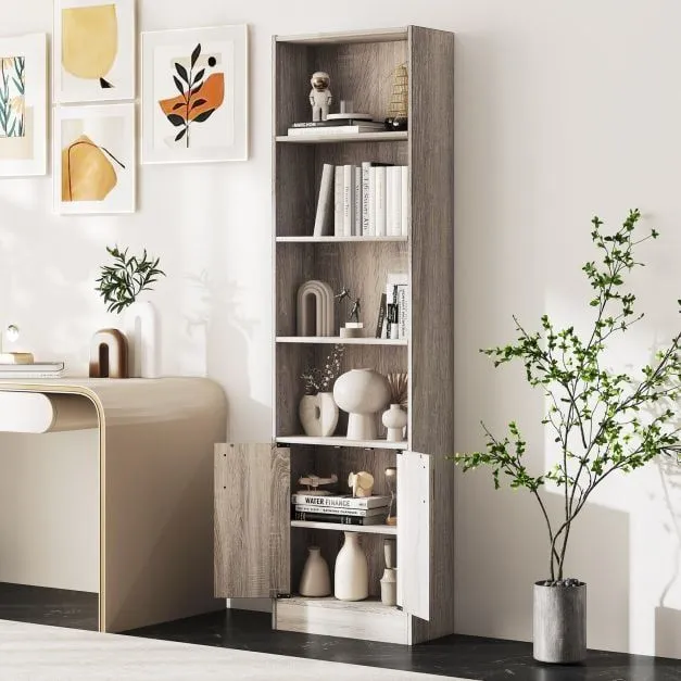 Costway 6-Tier Bookshelf 180cm Tall Bookcase w/4 Open Cubes & Double Doors Grey