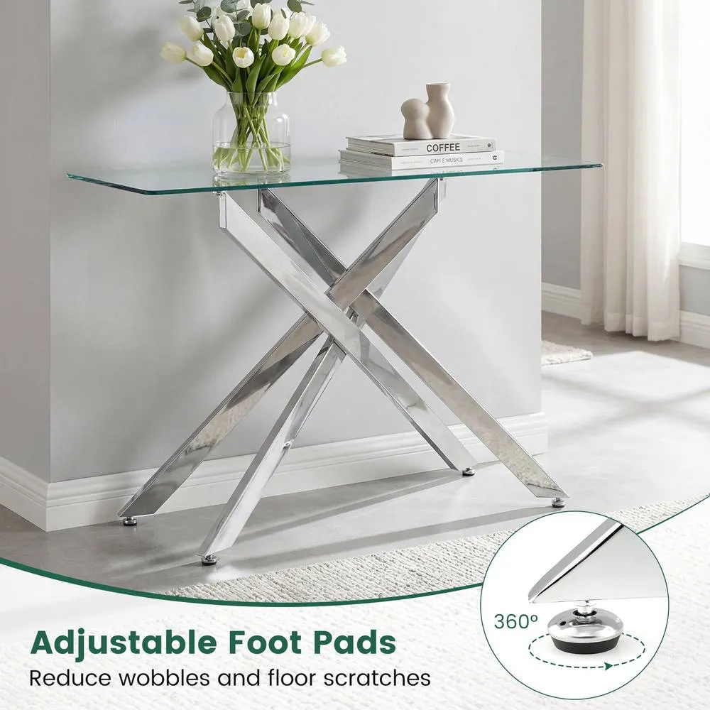 Costway Glass Console Table 115CM Entryway Table w/ Clear Tempered Glass Top in Silver 4