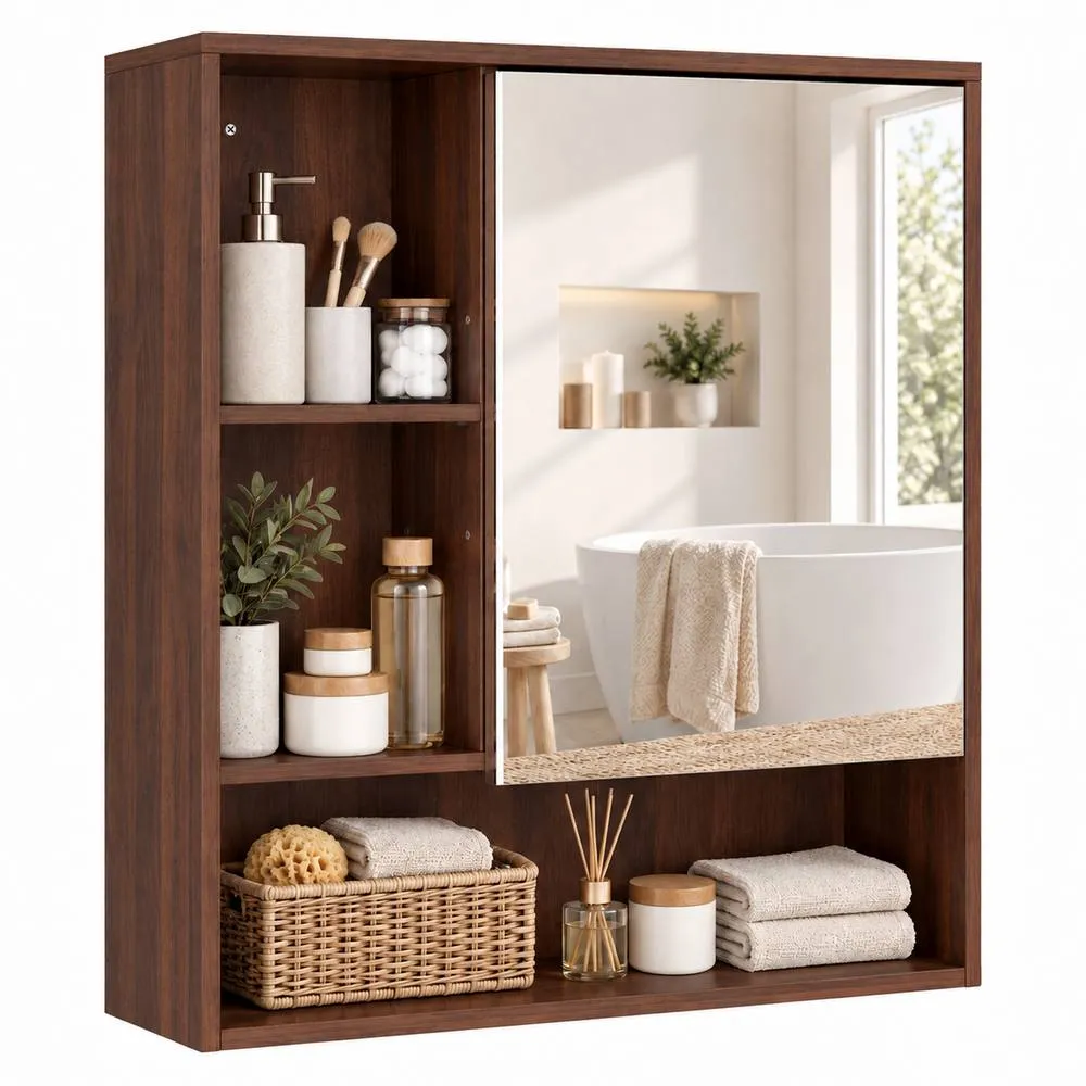 HOMCOM Bathroom Mirror Cabinet, Wall-Mounted, Adjustable Shelves in Walnut