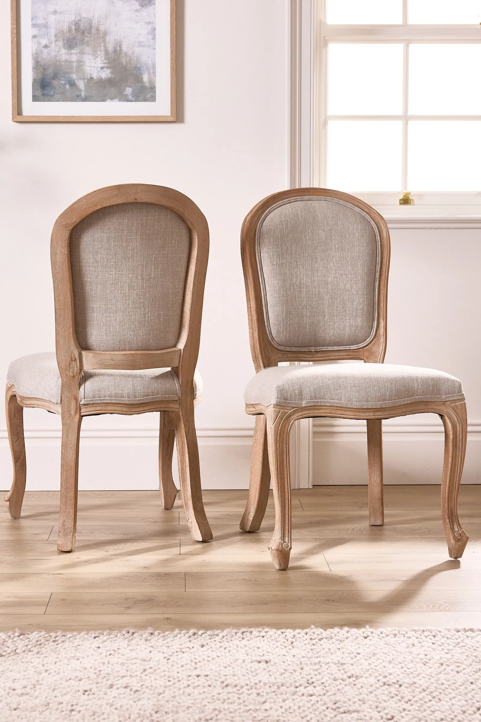 Dibor Set of 2 Rustic Vintage Loire Linen Solid Wood Frame Home Furniture Dining Chairs in Grey