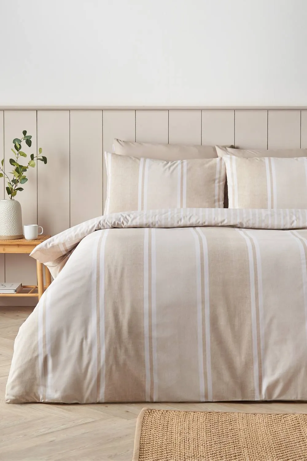 Catherine Lansfield 'Banded Stripe' Reversible Duvet Cover Set in Natural