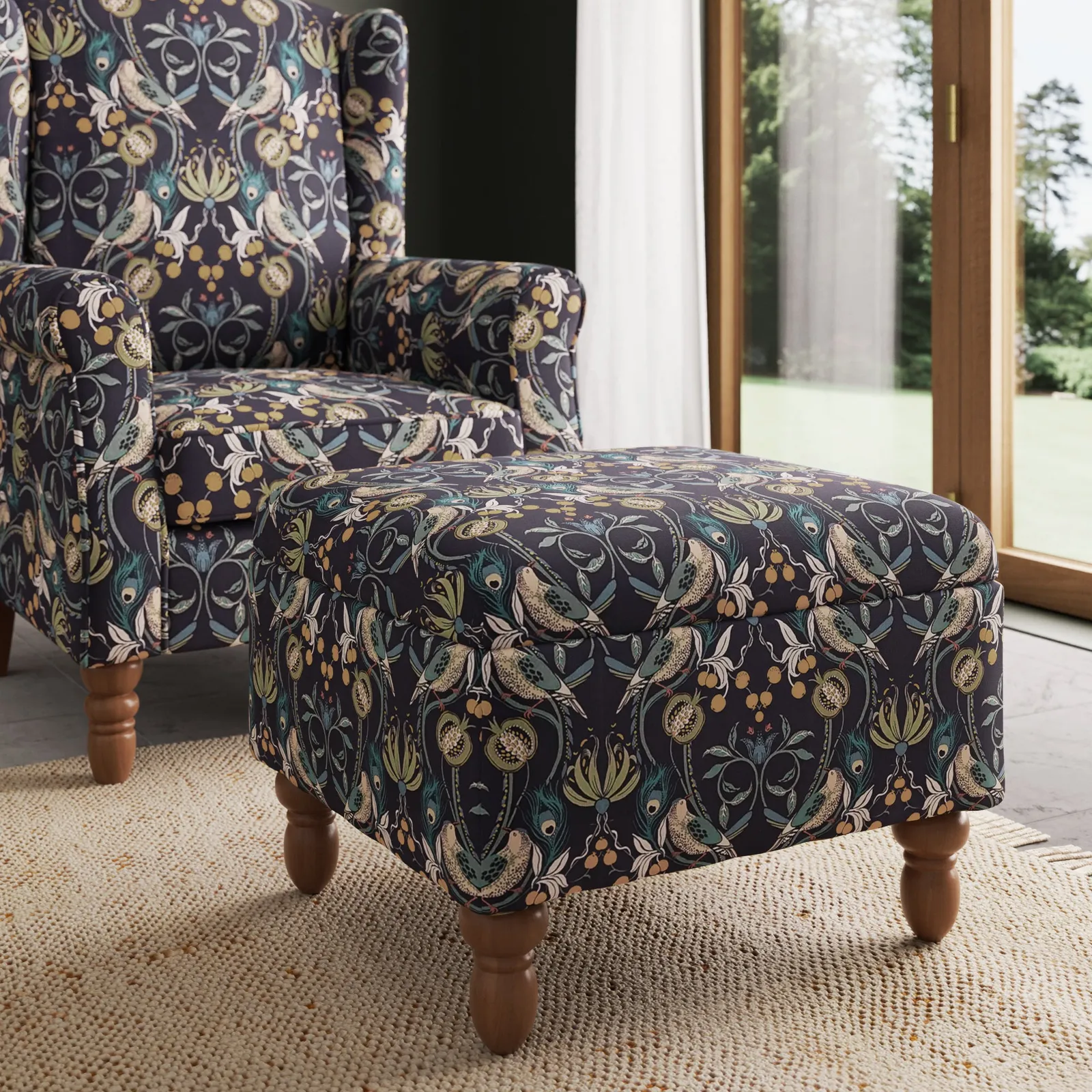 Oswald Navy Havisham Print Footstool With Storage Navy