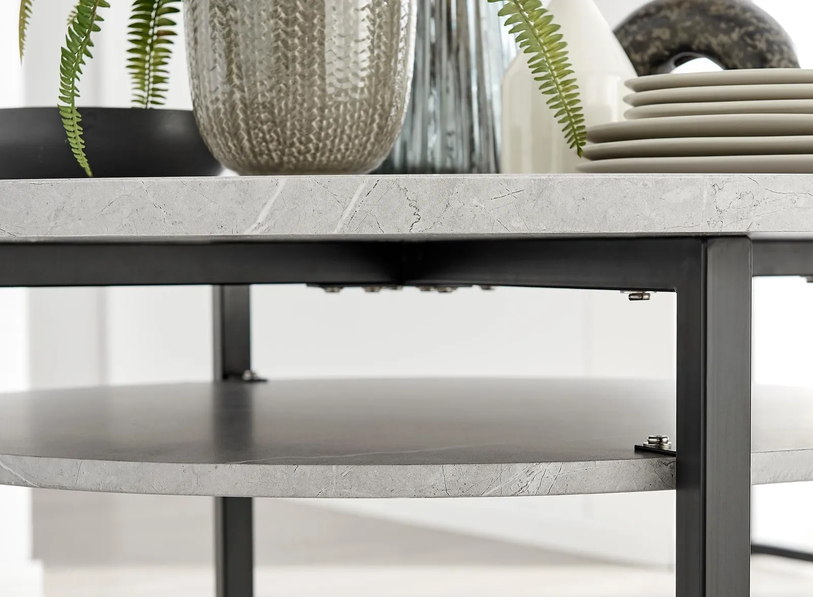 FurnitureboxUK Adley Grey Concrete Effect Round Dining Table & 4 Halleyy Fabric Chairs in Dark Grey 3