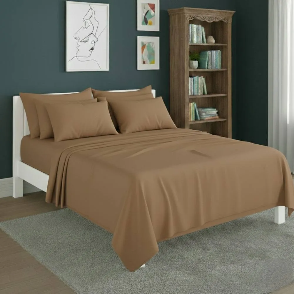 Snug City Plain Poly Cotton Easy Care Fitted Flat Sheet Matching Pillowcases Set in Beige