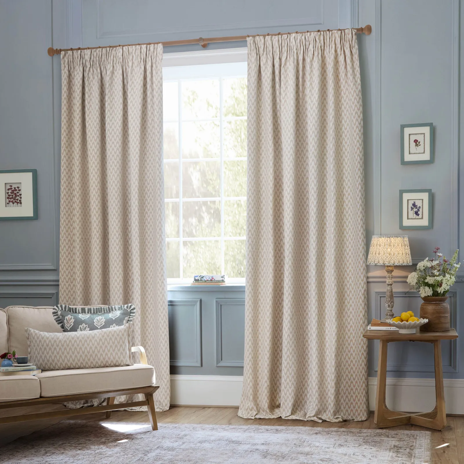 Sanderson Hutton Jacquard Room Darkening Pencil Pleat Curtains in Beige 2