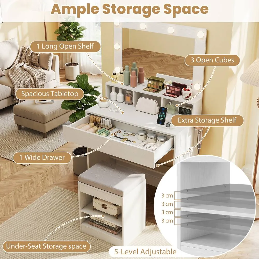 Costway Makeup Vanity Desk Set w/Mirror &Lights Dressing Table w/Stool &Drawer in White 3
