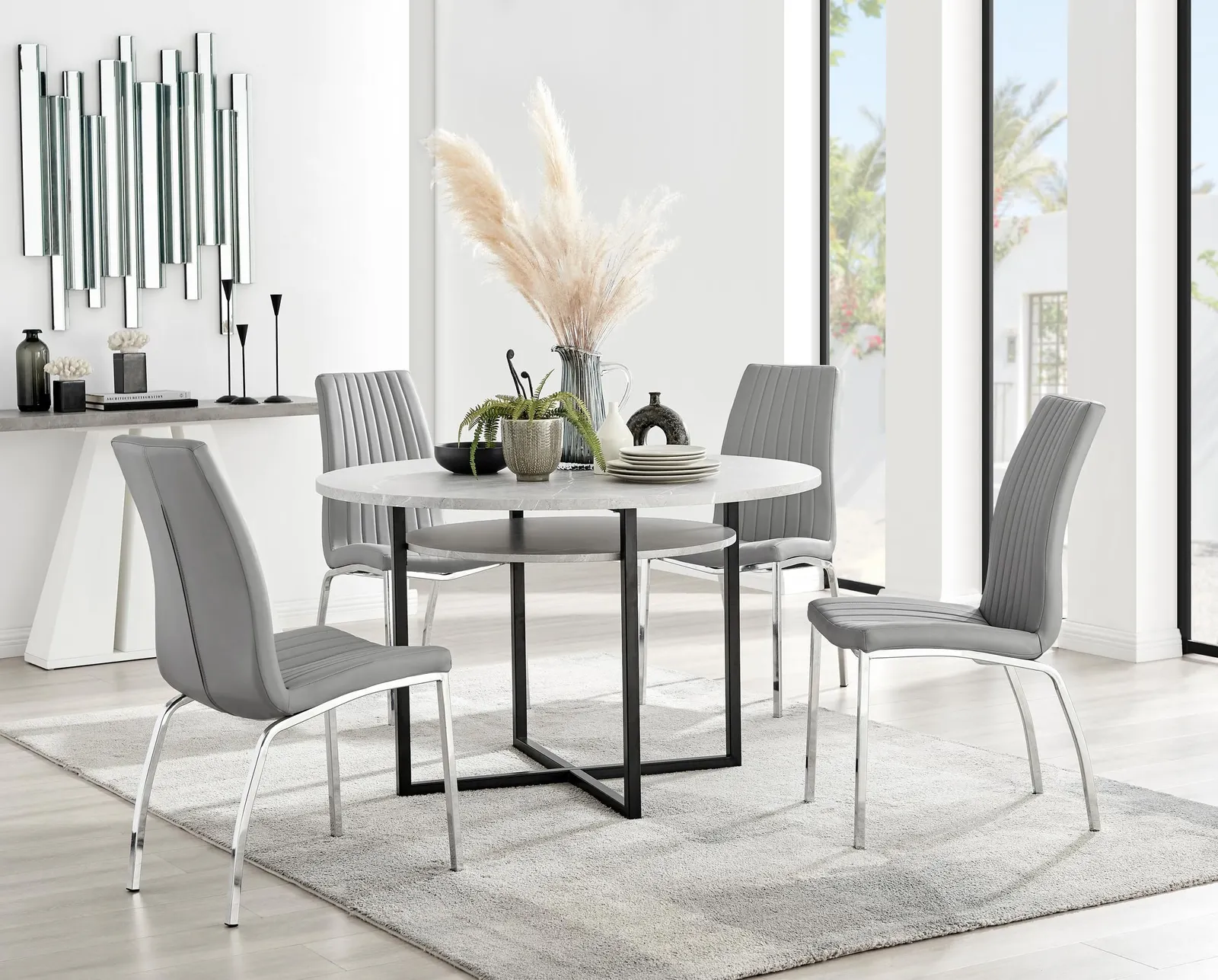 FurnitureboxUK Adley Grey Concrete Effect Round Dining Table & 4 Isco Faux Leather Chairs