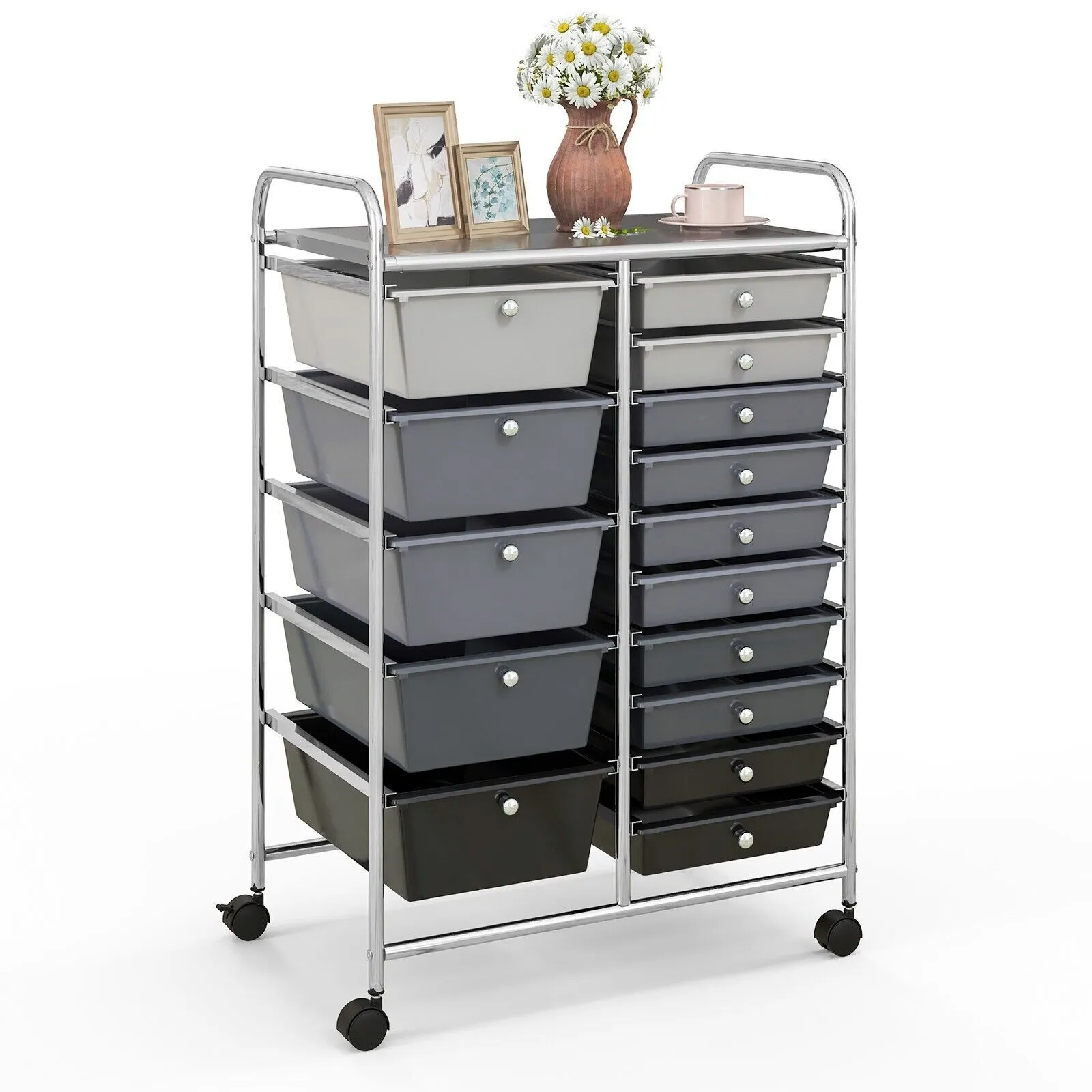 Costway 15 Drawer Rolling Storage Cart Tools Scrapbook Paper Organizer Lightweight in Grey