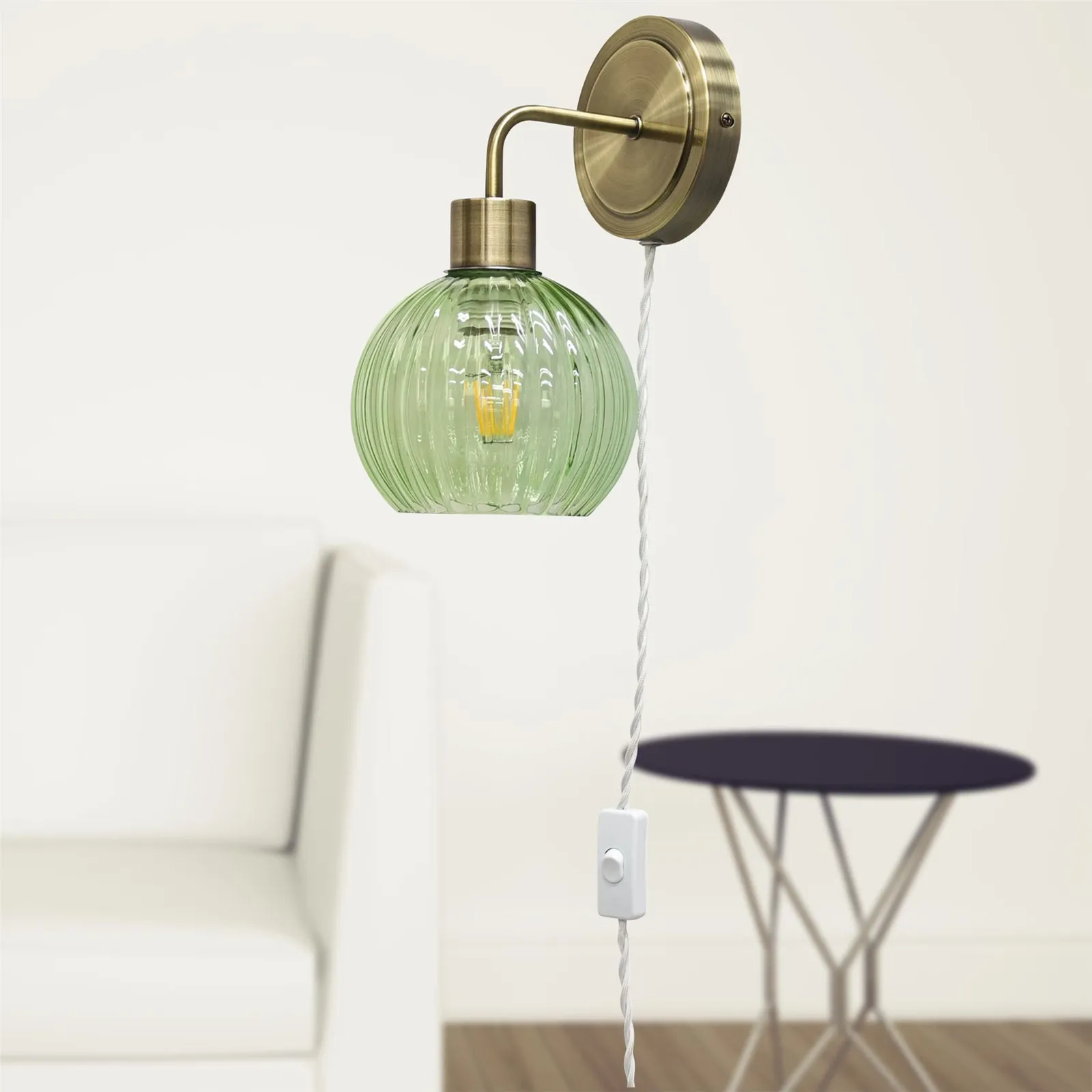 First Choice Lighting Toby - Antique Brass Plug in Wall Light with Betchley Green Shade in Gold 4