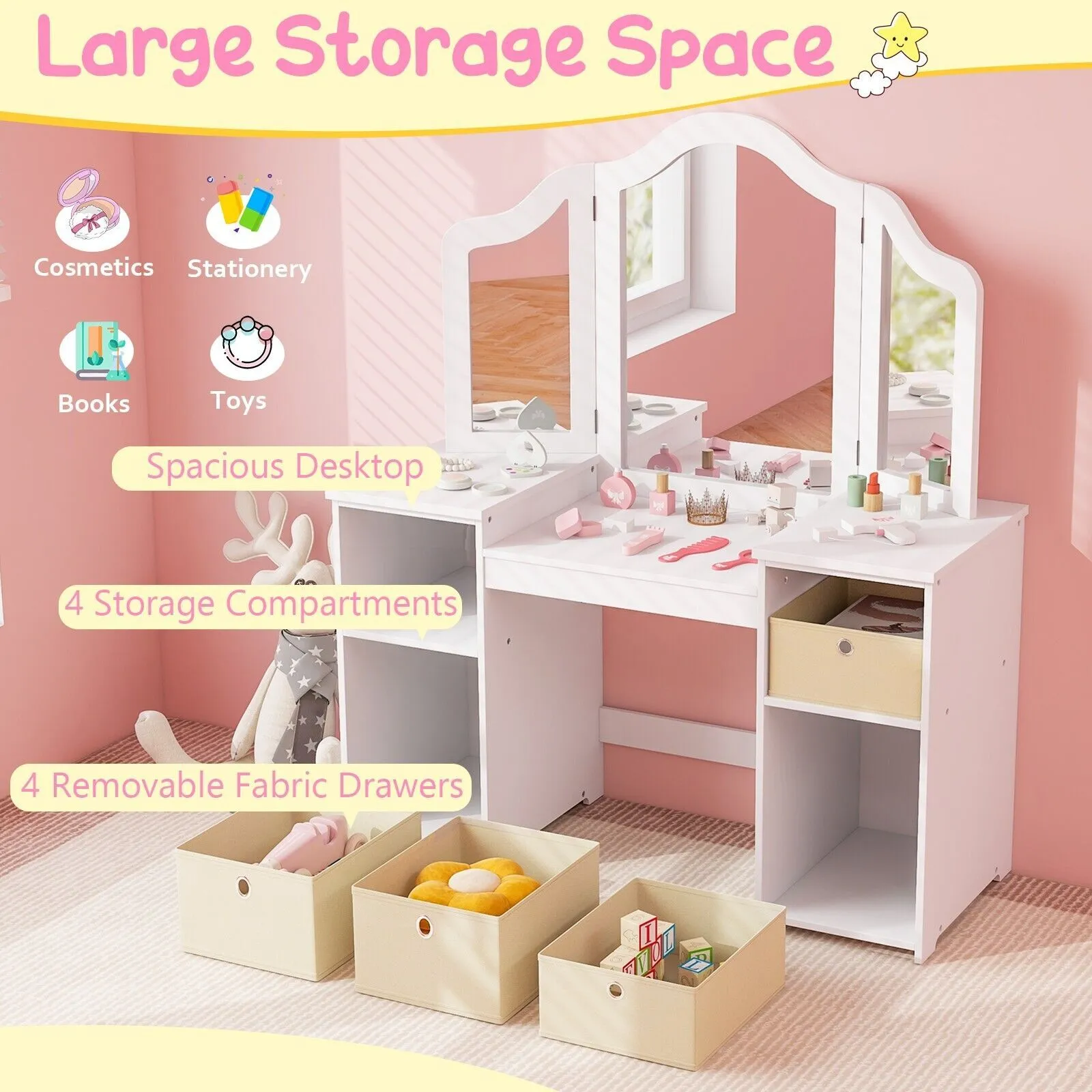 Costway 2-in-1 Dressing Table & Chair Set Vanity Table Desk w/ Removable Mirrors in White 6