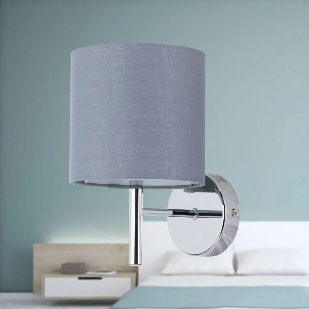 First Choice Lighting Set of 2 Brea - Chrome Wall Lights with Grey Cotton Shades in Silver 4