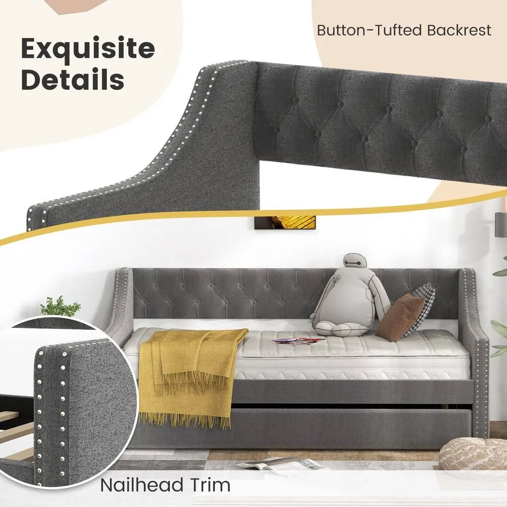 Costway Linen Upholstered Daybed Single Size Trundle Bed Sofa Bed Frame in Grey 4