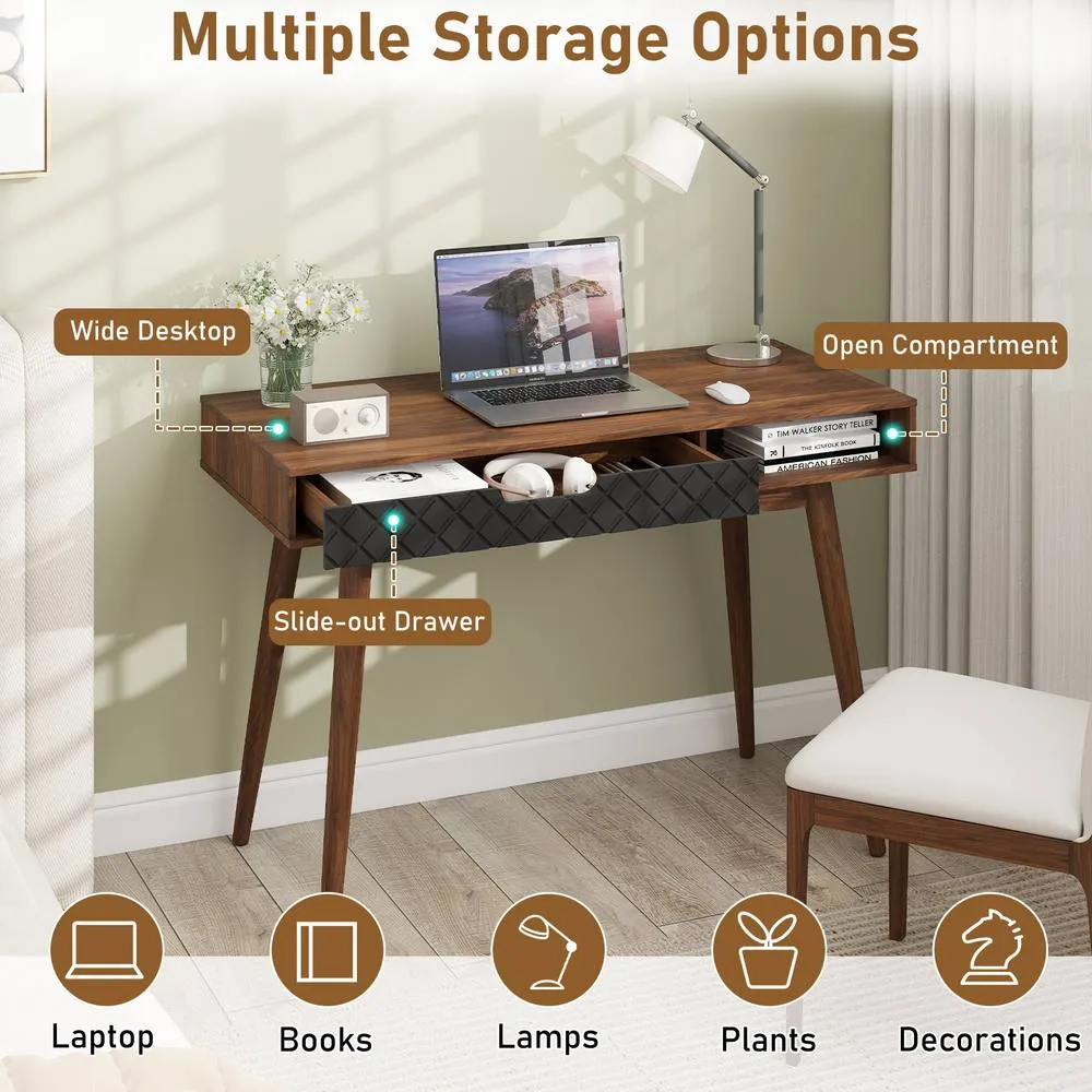 Costway Writing Table with Drawer & Open Compartment in Brown 6