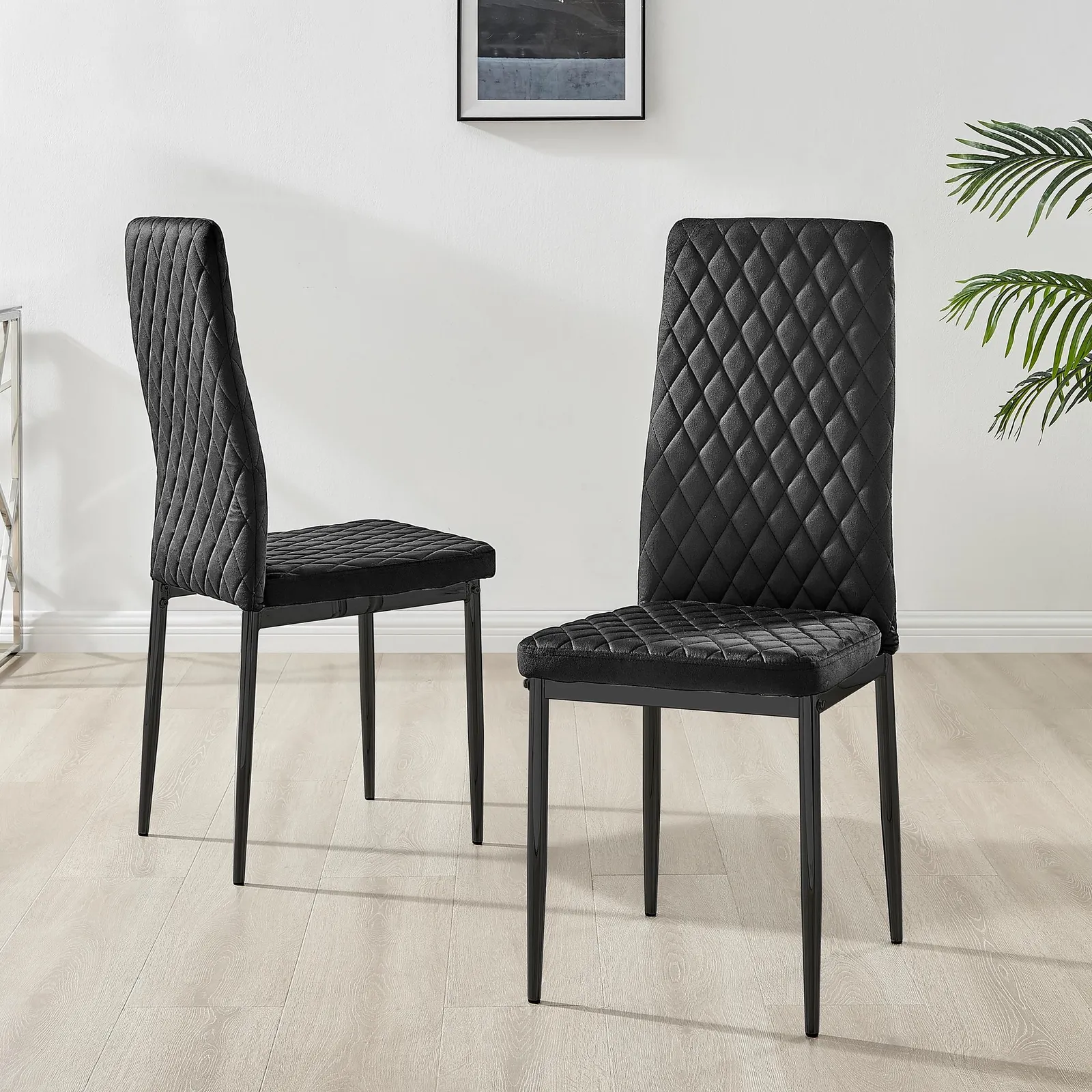 FurnitureboxUK Set of 6 Milan High Back Soft Touch Diamond Pattern Velvet Dining Chairs With Black Powder Coated Metal Legs