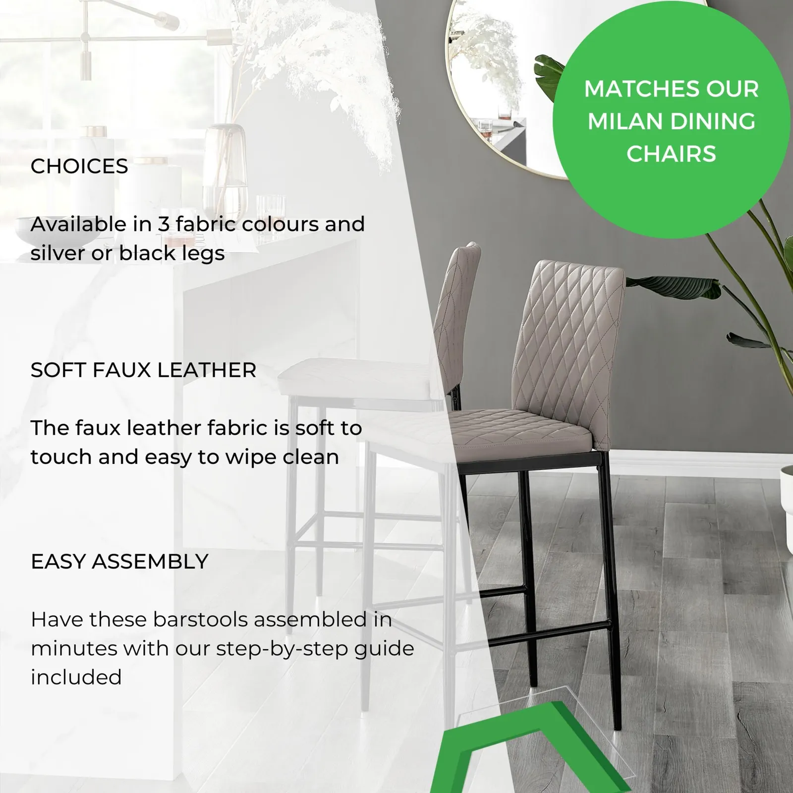 FurnitureboxUK Set of 2 Milan Hatched Faux Leather Padded Counter Stools With Black Metal Legs in Beige 6