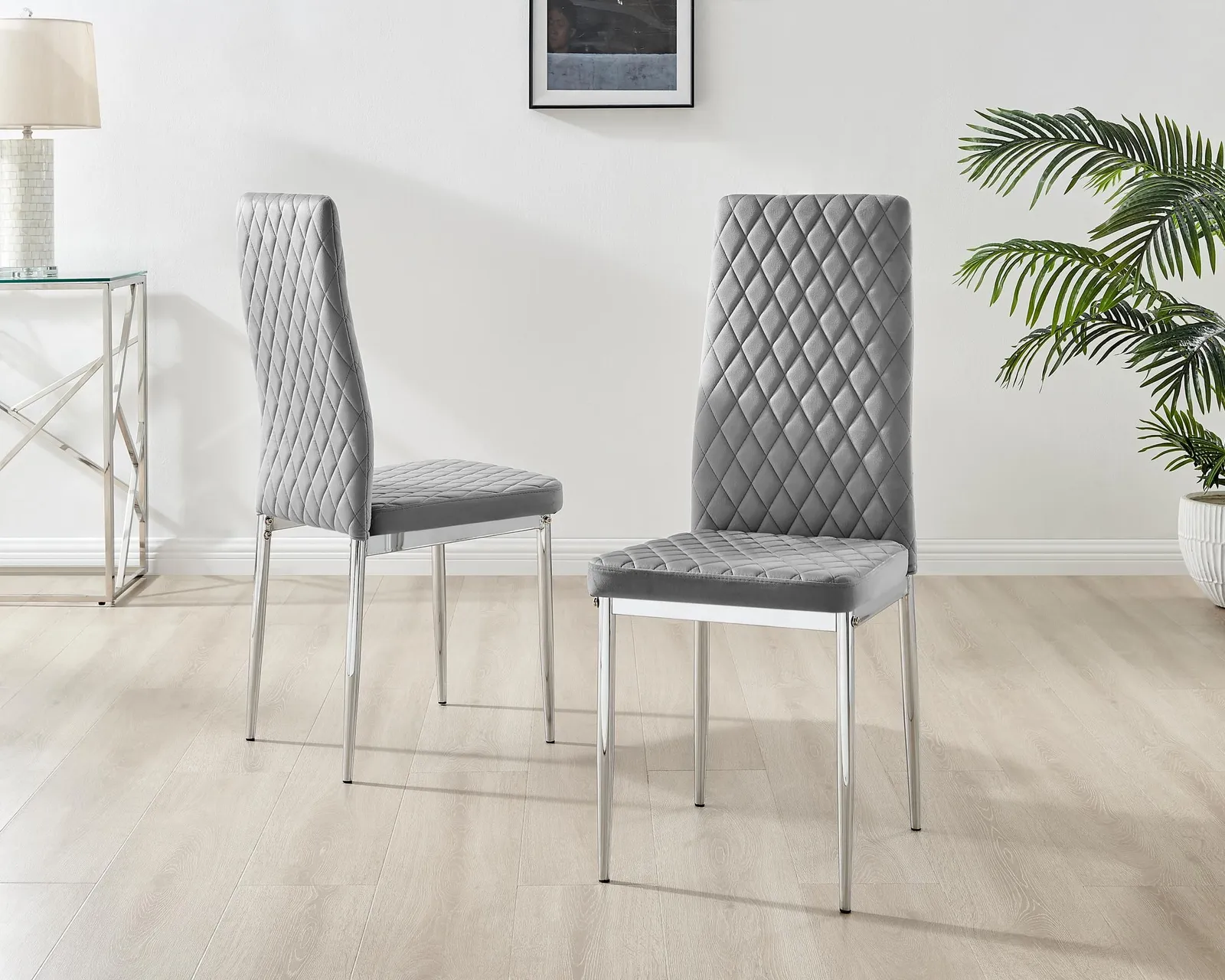 FurnitureboxUK Set of 4 Milan High Back Soft Touch Diamond Pattern Velvet Dining Chairs With Silver Chrome Metal Legs in Grey 2